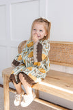 Yellow Floral Printed Bell Sleeves Gathered Dress