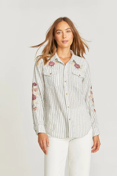 Embroidered Striped Button Down