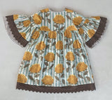 Yellow Floral Printed Bell Sleeves Gathered Dress