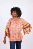 Rose Floral Flair-Sleeve Blouse