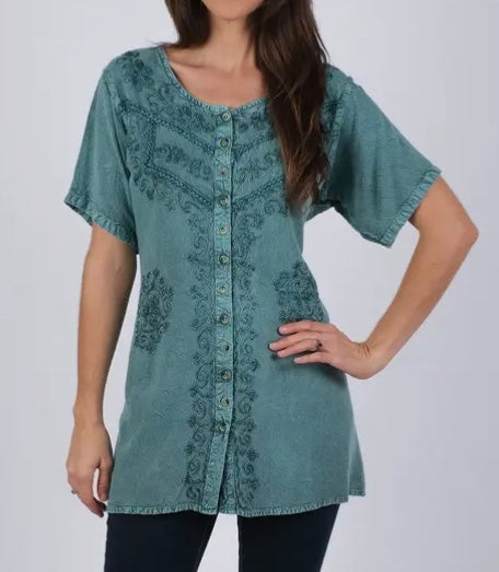 Embroidered Sea Button Up Top