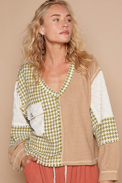 V Neck Patchwork Sweater