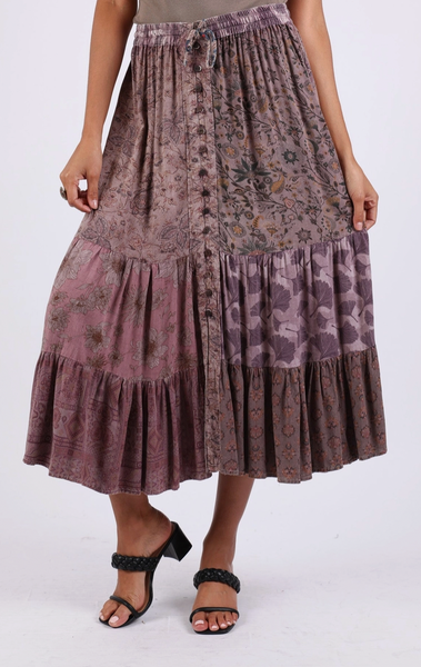 Patchwork Tiered Button Maxi Skirt