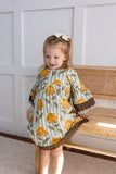 Yellow Floral Printed Bell Sleeves Gathered Dress