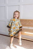 Yellow Floral Printed Bell Sleeves Gathered Dress