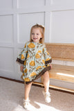 Yellow Floral Printed Bell Sleeves Gathered Dress