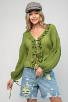 Gauze Tie Front Ruffle Top